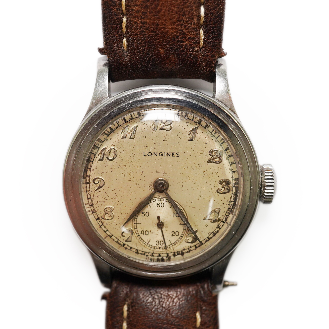 A gentleman's mid 1940's steel Longines military manual wind wrist watch